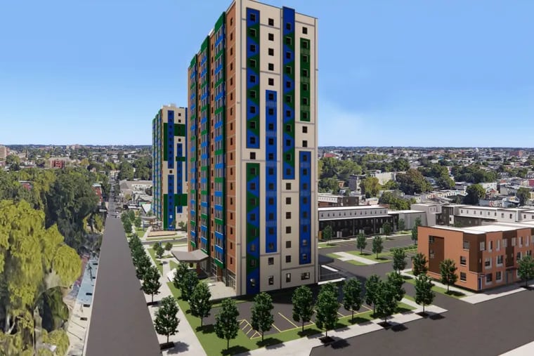 A rendering of the proposed rehabilitation of the two Fairhill towers, along with the new parking lot and townhomes.