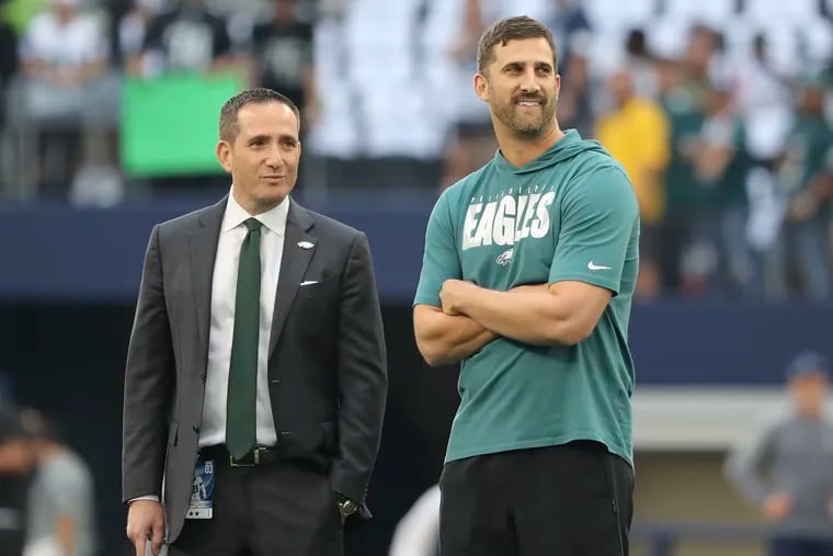 Eagles Head Coach Nick Sirianni and team Executive Vice President/General Manager Howie Roseman together during pregame warm-ups before the Eagles play at the Dallas Cowboys on Monday, September 27, 2021 in Arlington, Texas.