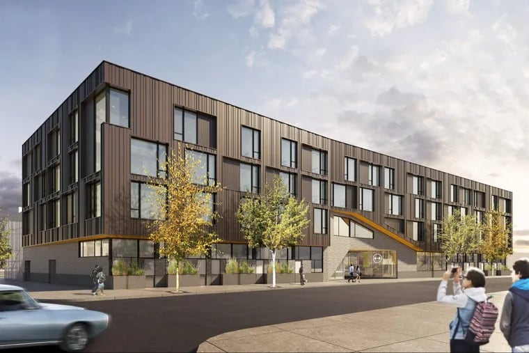 Artist's rendering of apartment building planned at what was once the parking lot of the Destination Maternity warehouse in Northern Liberties.