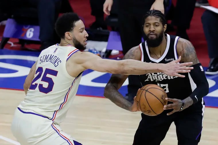 Sixers guard Ben Simmons defending Clippers guard Paul George in April. Simmons is one of the best defenders in the NBA.