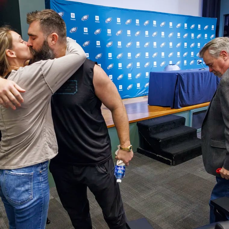 Philadelphia Eagle Jason Kelce kisses his wife Kylie after he announces his retirement at the Novacare Complex, in Philadelphia, Pa. on Monday, March 4, 2024.