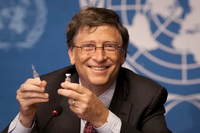 FILE - In this Tuesday, May 17, 2011 file photo, Microsoft founder Bill Gates holds a vaccine for meningitis during a news conference at the United Nations headquarters in Geneva, Switzerland. On Friday, May 8, 2020, The Associated Press reported on stories circulating online incorrectly asserting Bill Gates’ former doctor says the vaccine advocate refused to vaccinate his own children. Gates’ wife, Melinda, debunked the false claim when it circulated in April 2019. “All three of my children are fully vaccinated,” she said in a Facebook post addressing World Immunization Week. “Vaccines work. And when fewer people decide to get them, we all become more vulnerable to disease.” (AP Photo/Anja Niedringhaus)