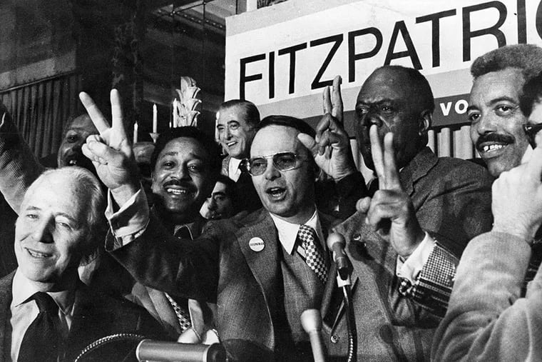 F. E. Fitzpatrick (glasses, center) and supporters at the Bellevue Stratford Hotel dated Nov. 6, 1973. (Inquirer library photo)