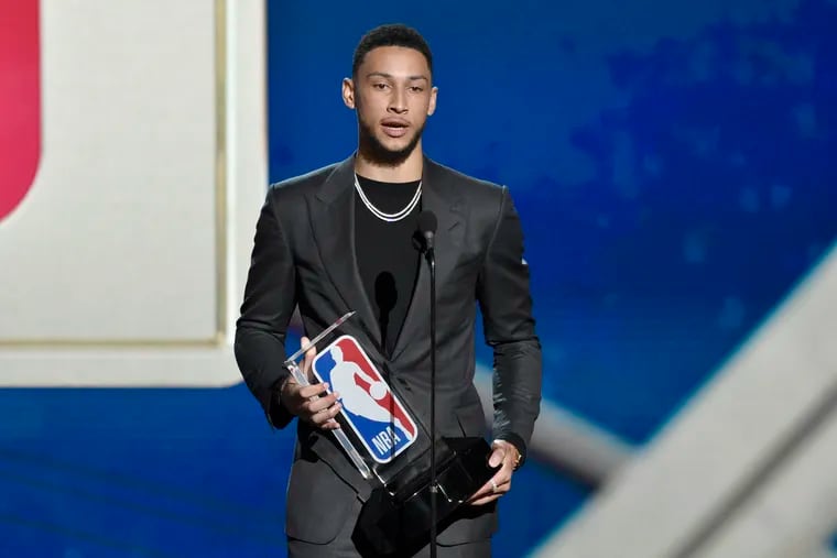 Ben Simmons, of the Philadelphia 76ers, accepts the rookie of the year award at the NBA Awards on Monday, June 25, 2018, at the Barker Hangar in Santa Monica, Calif.  His life may become an NBC comedy, Deadline reports.