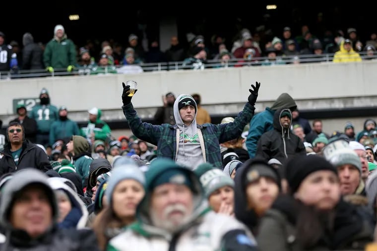 An Eagles fan reacts during Sunday's loss to the Seahawks at Lincoln Financial Field.