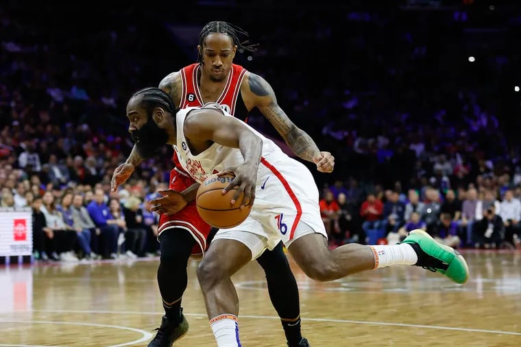 Sixers guard James Harden, dribbling against Bulls guard DeMar DeRozan on Monday, will miss his second consecutive game Friday.