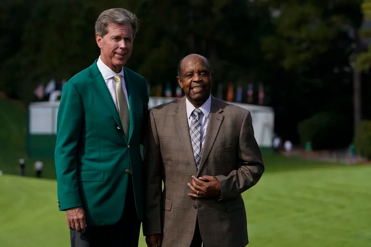 Fred Ridley, left, Chairman of Augusta National Golf Club, and Lee Elder, the first Black man to play at the Masters, in 2020.