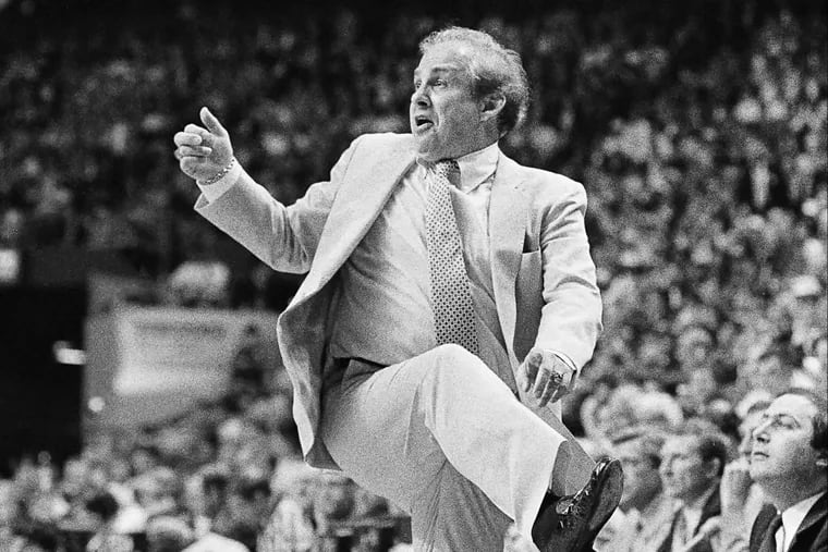 From April 1, 1985 – Rollie Massimino celebrates along the sidelines with his Villanova team on its way to a win over Georgetown in the NCAA Championship game in Lexington, Ky.