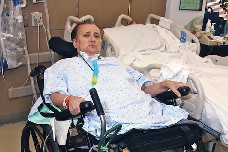 Mariya Plekan, 52, is the most-seriously hurt of the 14 people injured in the Market St. building collapse of June 5th. Photo taken in her hospital room and supplied by her attorney on November 25, 2013.