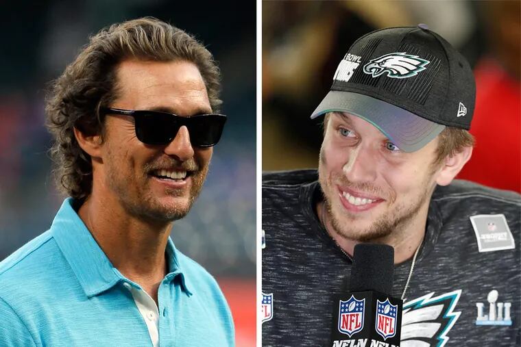 Matthew McConaughey (left) congratulated Eagles quarterback and Super Bowl MVP Nick Foles with full-page ad in Texas newspaper on Sunday.