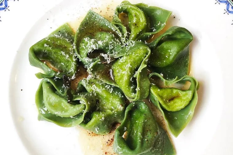 Balanzoni pasta made from local flour turned green by pureed nettles is stuffed with ricotta. It is among the ever-changing weekly specials of the Pasta Lab.