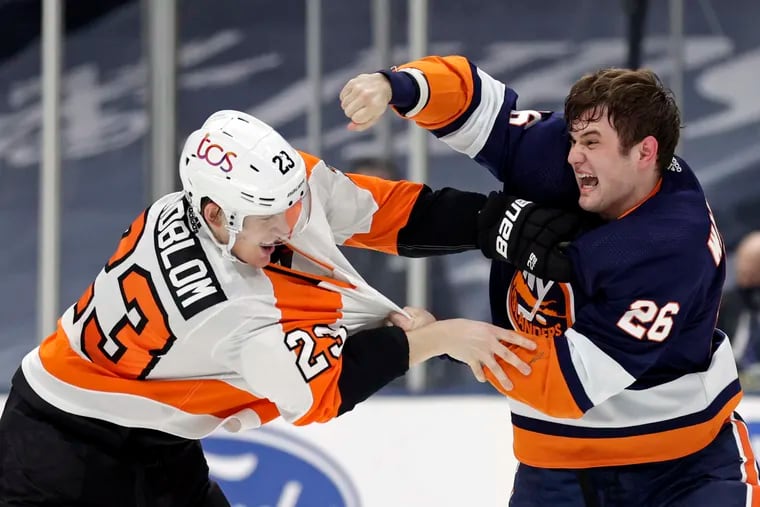 The Flyers were down 4-0 by the time Oskar Lindblom had seen enough and started a fight with Islanders rookie Oliver Wahlstrom. Lindblom, who had the game-winning goal on Thursday, had never had a fight in his NHL career.