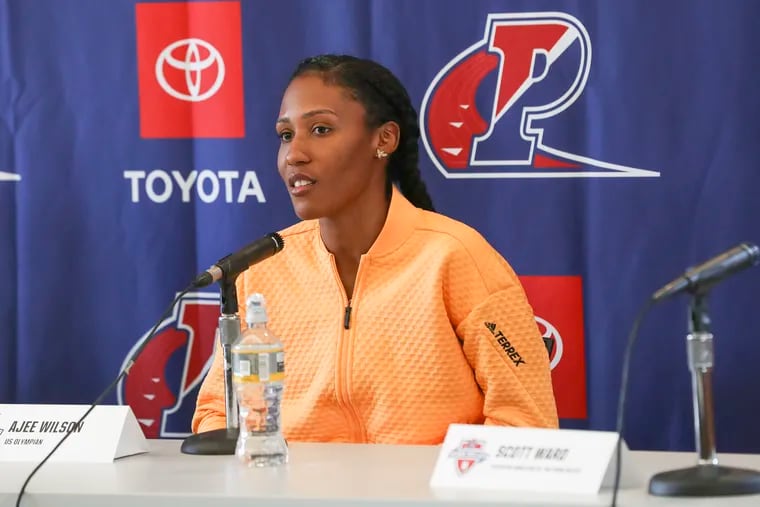 Olympian Ajee Wilson speaks during a press conference on this year’s Penn Relays at Franklin Field in Philadelphia on Thursday, April 21, 2022. The event will take place in front of spectators for the first time since the pandemic on April 28 to April 30.