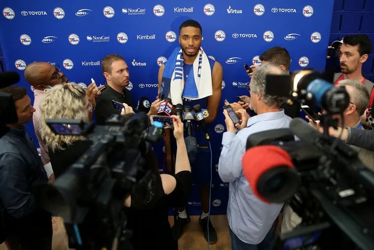 Villanova's Mikal Bridges talks to reporters after participating in a pre-draft workout at the Sixers' training complex in Camden earlier this month.