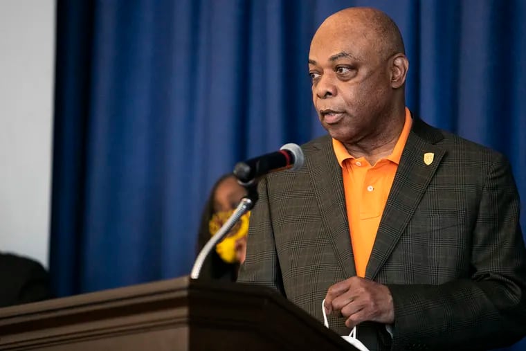 Jerry Jordan, president of the Philadelphia Federation of Teachers, takes the podium during a press conference about plans for reopening schools in the fall at Spring Garden Elementary in Philadelphia on Wednesday, May 19, 2021.