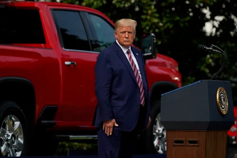 President Donald Trump pauses as he speaks during an event on regulatory reform on the South Lawn of the White House, Thursday, July 16, 2020, in Washington.