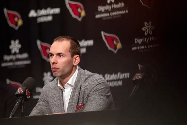 Arizona Cardinals new head coach Jonathan Gannon takes questions during an NFL football press conference, Thursday, Feb. 16, 2023 at the team's training facility in Tempe, Ariz.
