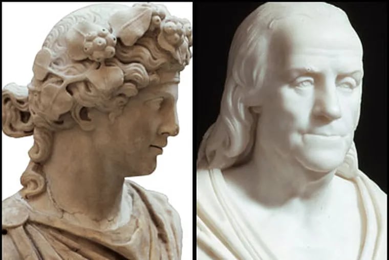 A Roman bust of Bacchus (left), circa 200 A.D., in the new exhibit "Ancient Rome & America," opening today at the National Constitution Center, running through Aug. 1. Ben Franklin (right) is dressed Roman-style in a toga in an 1817 bust.
