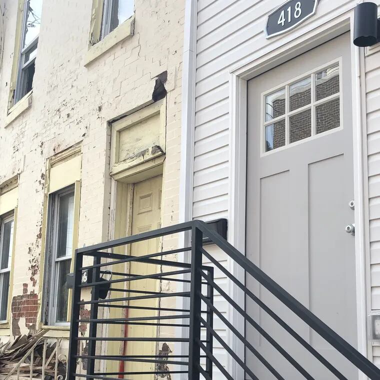 On the right, a South Philadelphia home built as part of the city's Turn the Key program, an initiative to build price-restricted homes using city-owned land sold to private developers. Approval by the Land Bank board to sell city-owned land can be contentious.
