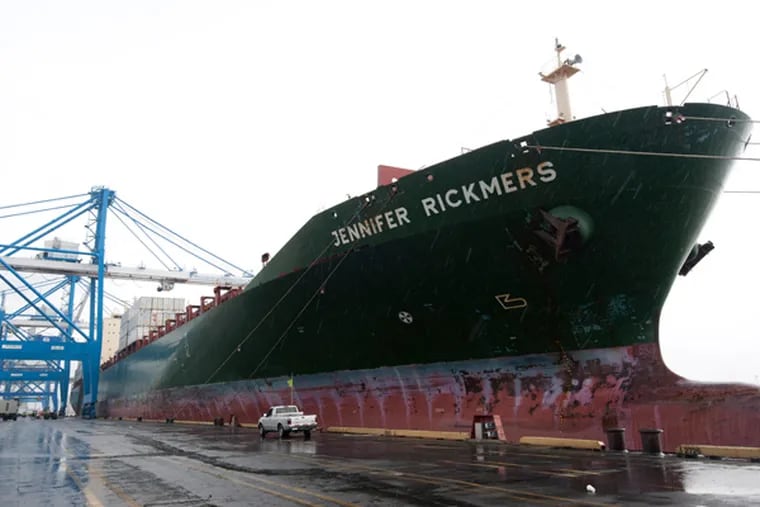 At the Packer Avenue Marine Terminal, the Jennifer Rickmers is unloading cargo on July 1, 2013.  ( APRIL SAUL / Staff )