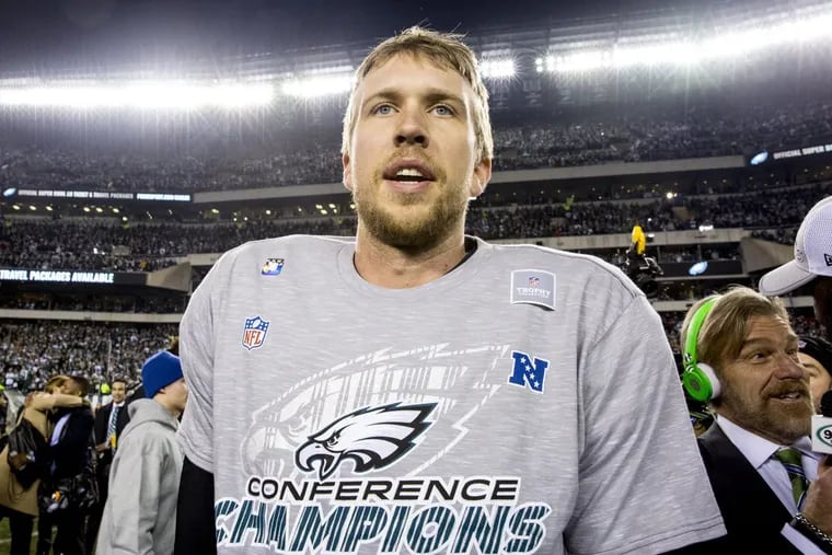 Eagles quarterback Nick Foles smiles after the NFC championship game between the Philadelphia Eagles and the Minnesota Vikings on Jan. 21, 2018.