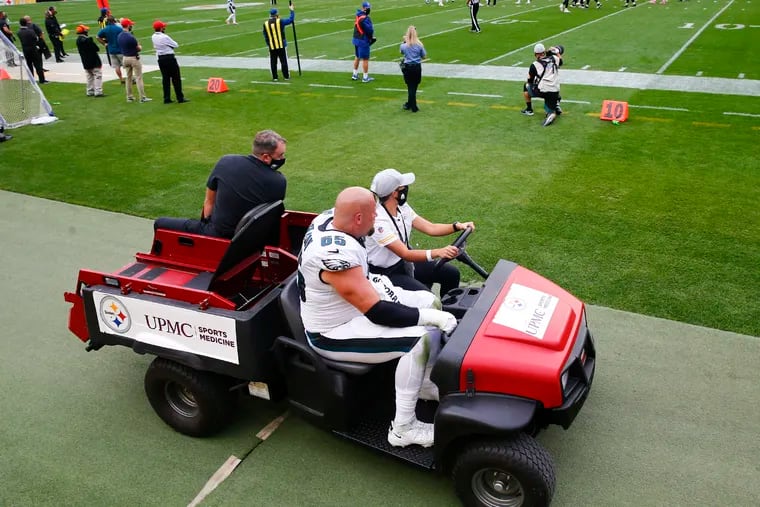 Lane Johnson leaves Sunday's game. His left ankle has been a nagging concern for two years.