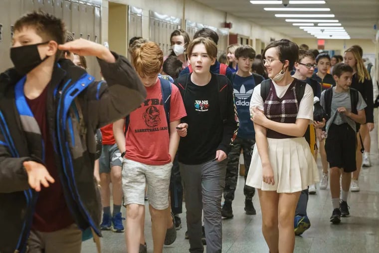 Students in the hallway at Haddonfield Middle School. New Jersey schools are in the process of revising their curricula to meet the new sex education standards.