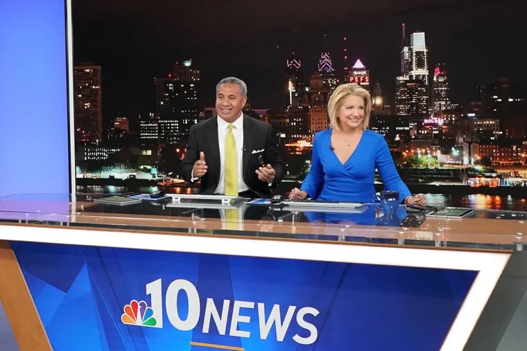 NBC10 anchors Vai Sikahema, left and Tracy Davidson, right, on set.