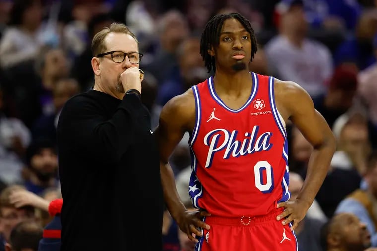 Sixers guard Tyrese Maxey with head coach Nick Nurse against the Sacramento Kings on Friday, January 12, 2024 in Philadelphia.