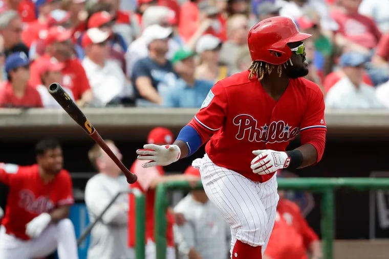 Odubel Herrera, shown in a March 16 spring-training game, had a big day on Sunday.