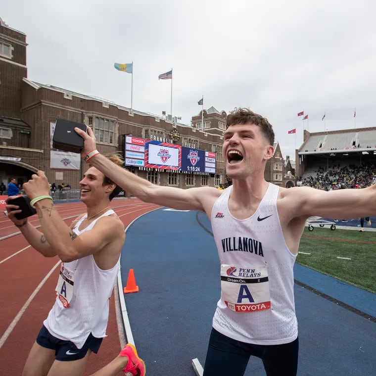 Villanova's Charlie O’Donovan celebrates a win in the college men's 4 x mile championship of America during day 3 of the 128th Penn Relays.