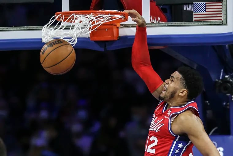 Sixers Tobias Harris dunks against the Suns during the 2nd quarter at the Wells Fargo Center in Philadelphia, Tuesday,  February 8, 2022.