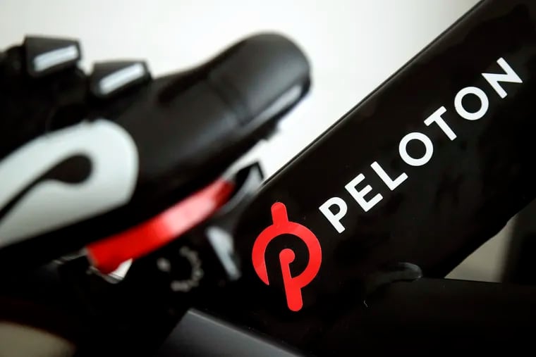 This 2019 file photo shows the logo on a Peloton bike in San Francisco.