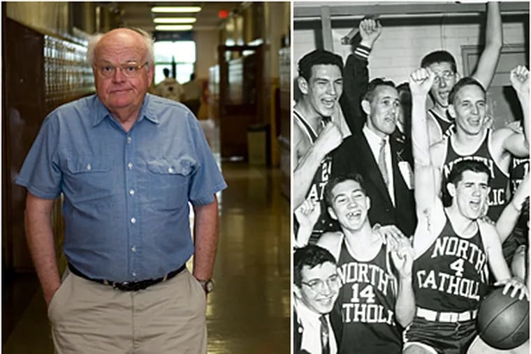 North Catholic graduate Frank Dougherty (left) fondly remembers the Rev. Thomas 'Knobby' Walsh. At right, jubilant Falcons celebrate after winning the 1956 title. (Kriston J. Bethel/Staff)