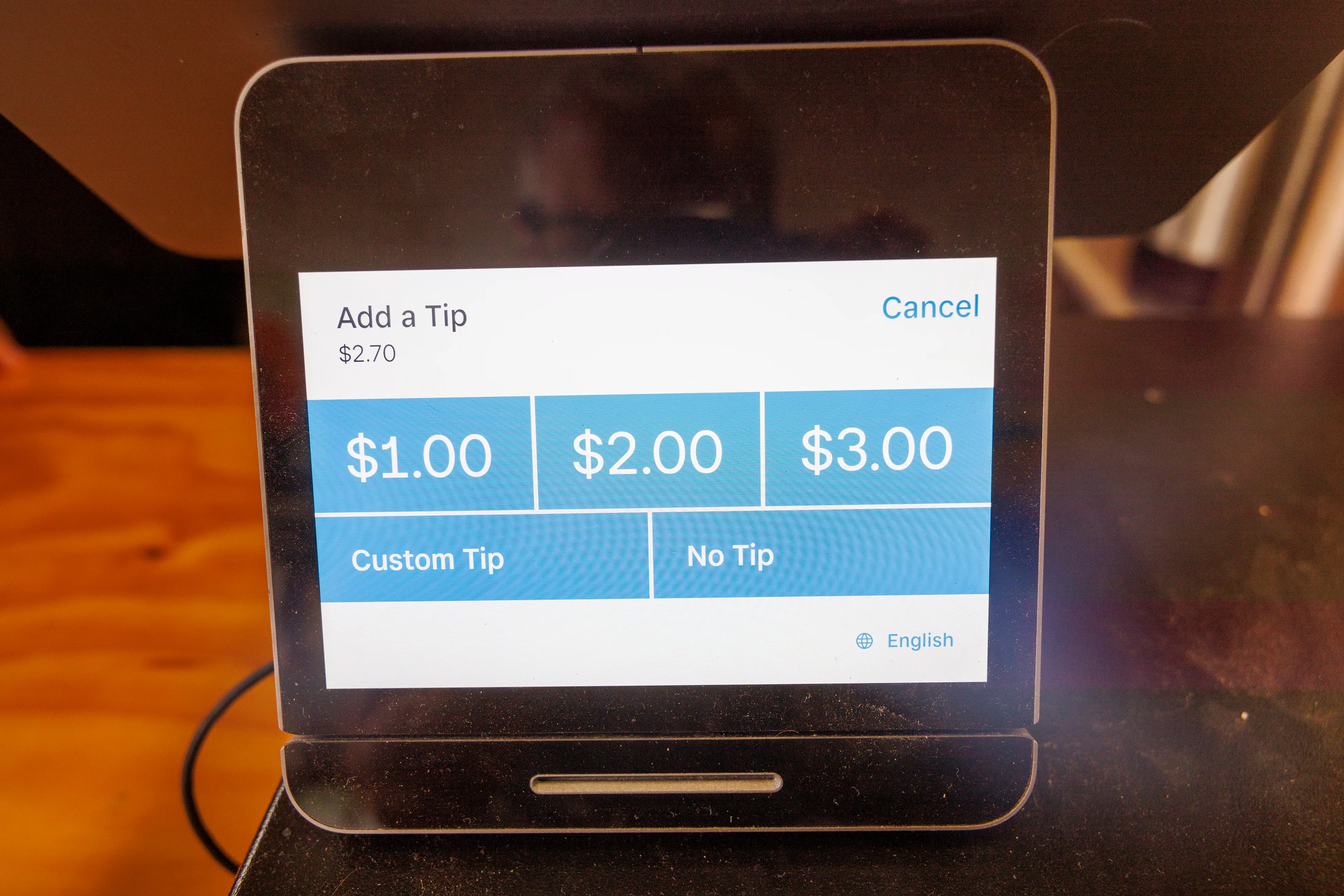 The digital tip screen that customers see at Greenstreet Coffee Roastery in Philadelphia.