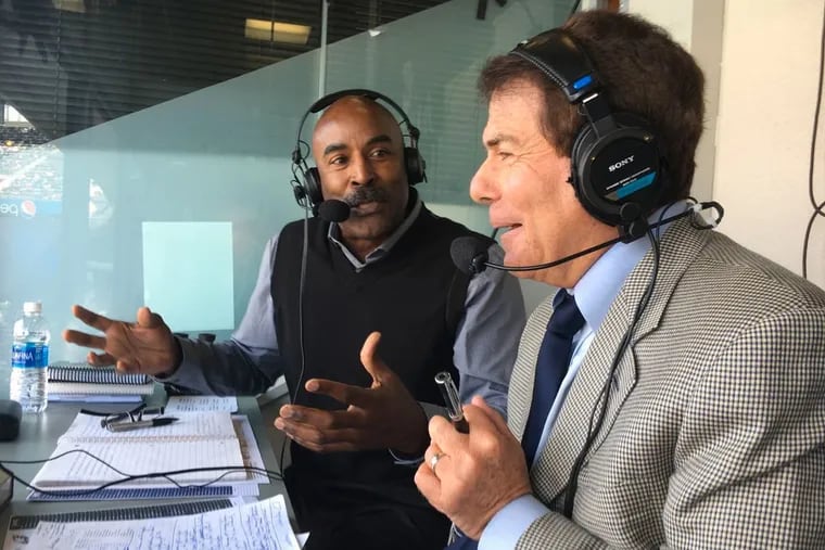 Merrill Reese, right, and Mike Quick in the radio broadcast booth at Lincoln Financial Field.