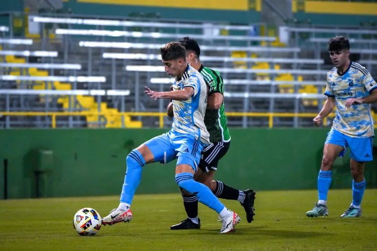 David Vazquez (left) playing for the Union in a preseason game vs. Austin FC in January.