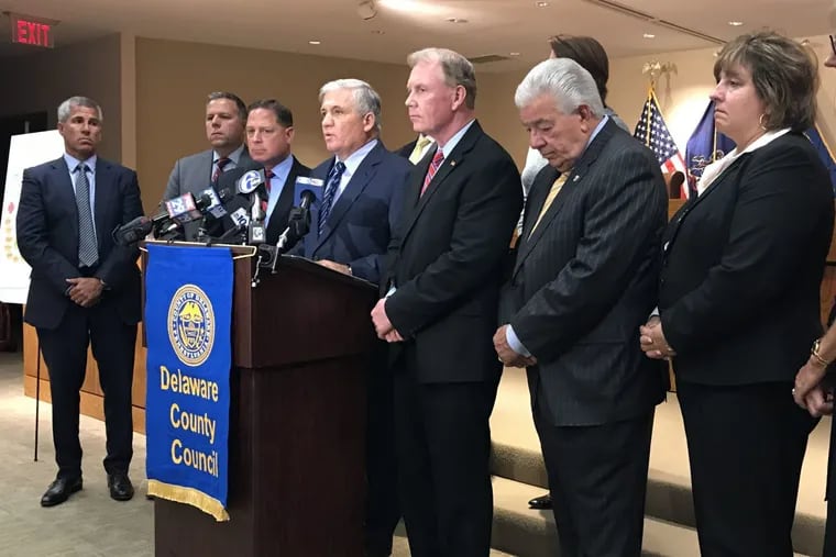 Delaware County officials announce the filing of a lawsuit Thursday against 11 makers of opioid painkillers, hoping to stem the tide of drug deaths and overdoses.