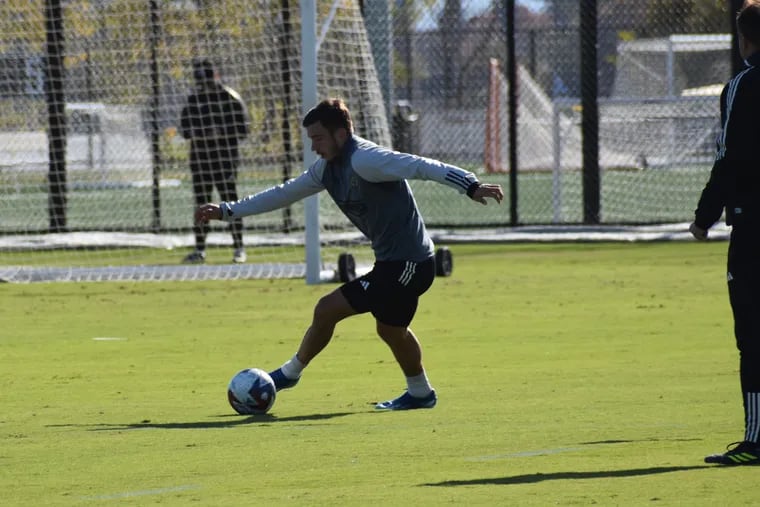 Kai Wagner on the ball during Tuesday's Union practice.
