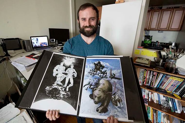 Veteran Derek Rodenbeck, 32, displays some of his artwork in his Center City home studio.