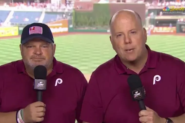 Phillies announcers John Kruk (left) and Tom McCarthy shared some laughs late Thursday night during the Phillies lopsided loss to the Braves.