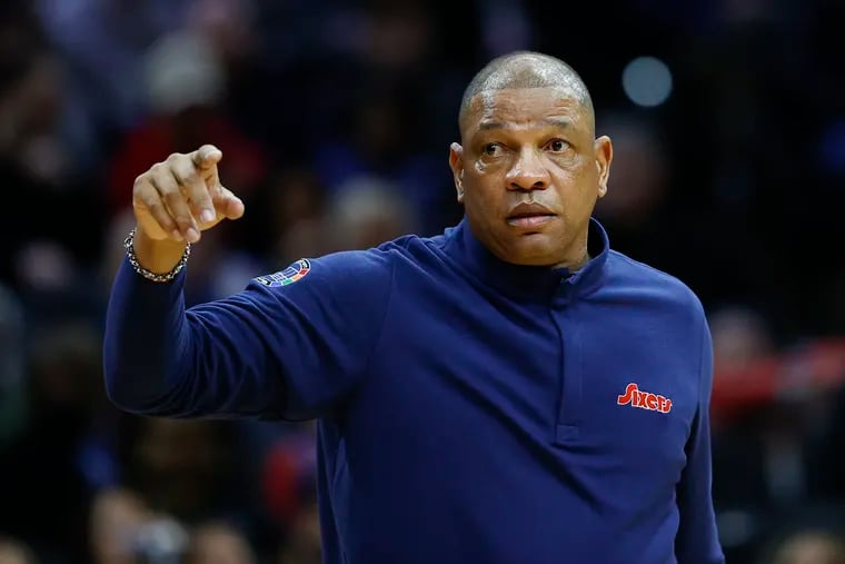 Sixers Head Coach Doc Rivers points his finger against the Detroit Pistons on Sunday, April 10, 2022 in Philadelphia.