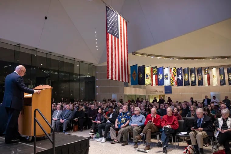 David Rasner, chairman of the board of trustees at the Philadelphia History Museum at the Atwater Kent, addresses a public meeting on the fate of the Atwater Kent collection at the National Constitution Center in Philadelphia on Wednesday evening, Feb. 27, 2019.