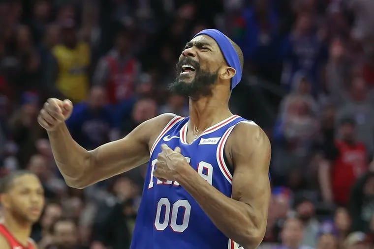The Sixers' Corey Brewer celebrates getting fouled by the Rockets' James Harden during the 2nd quarter at the Wells Fargo Center in Philadelphia, Monday, January 21, 2019.   STEVEN M. FALK / Staff Photographer