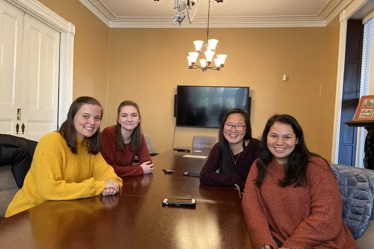 Leaders of Lafayette College's Happiness Project are, from left, Sophia Hilger, 19, of Ellicott City, Md.; Abby Esposito, 19, North Ford, Conn.; Presley Anderson, 19, of Kailua, Hawaii; and Taylor Stone, 19, of Princeton
