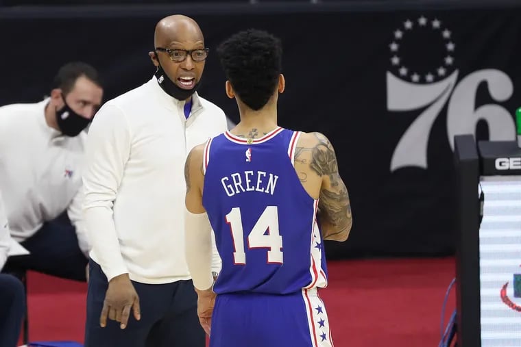 Could Sixers assistant coach Sam Cassell, here talking to Danny Green, be the next head coach in Boston?