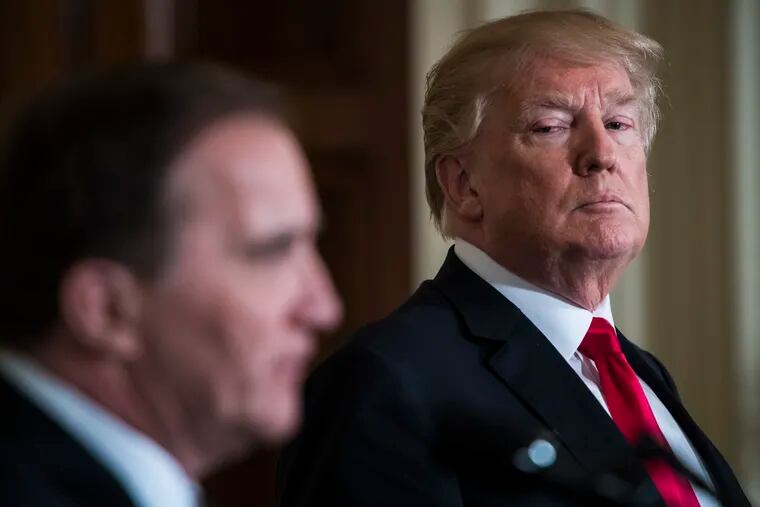 Over the years, President Donald Trump, above during Tuesday's news conference with Swedish Prime Minister Stefan Lofven, has used the trade issue to put himself on the map as more than a real estate developer. Must credit: Washington Post photo by Jabin Botsford