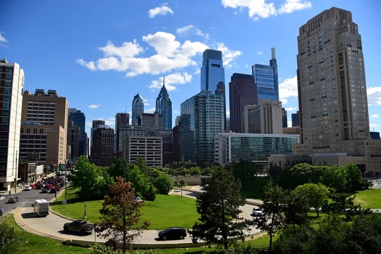 The Philadelphia skyline, pictured in June 2019, includes One Liberty Place, the Comcast Center, and the Comcast Technology Center.