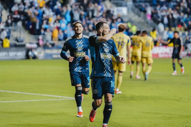 Dániel Gazdag (center) celebrates after scoring for the Union against Real Salt Lake on Saturday. The goal tied the Union's record for the top scorer across all competitions in team history.