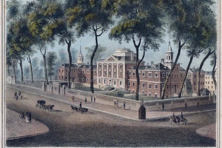 Exterior view of Pennsylvania Hospital, located on Pine Street between 8th and 9th Streets, from the southeast. Street scene in foreground includes a carriage; a wagon; several riders on horseback, including a woman riding side saddle; pedestrians; and a watchman's guardhouse.